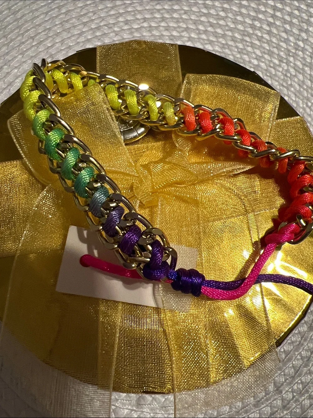 Religious Rainbow Chain Bracelet with Crystal Medallion - Gold Accent
